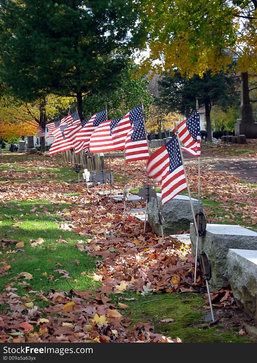 A Line of Flags and Headstones in a Cemetery on A Windy Autumn Day