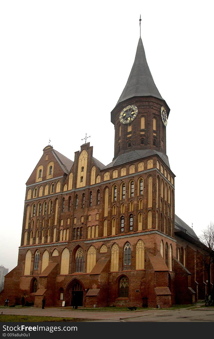 Catholic cathedral from red bricks, white sky