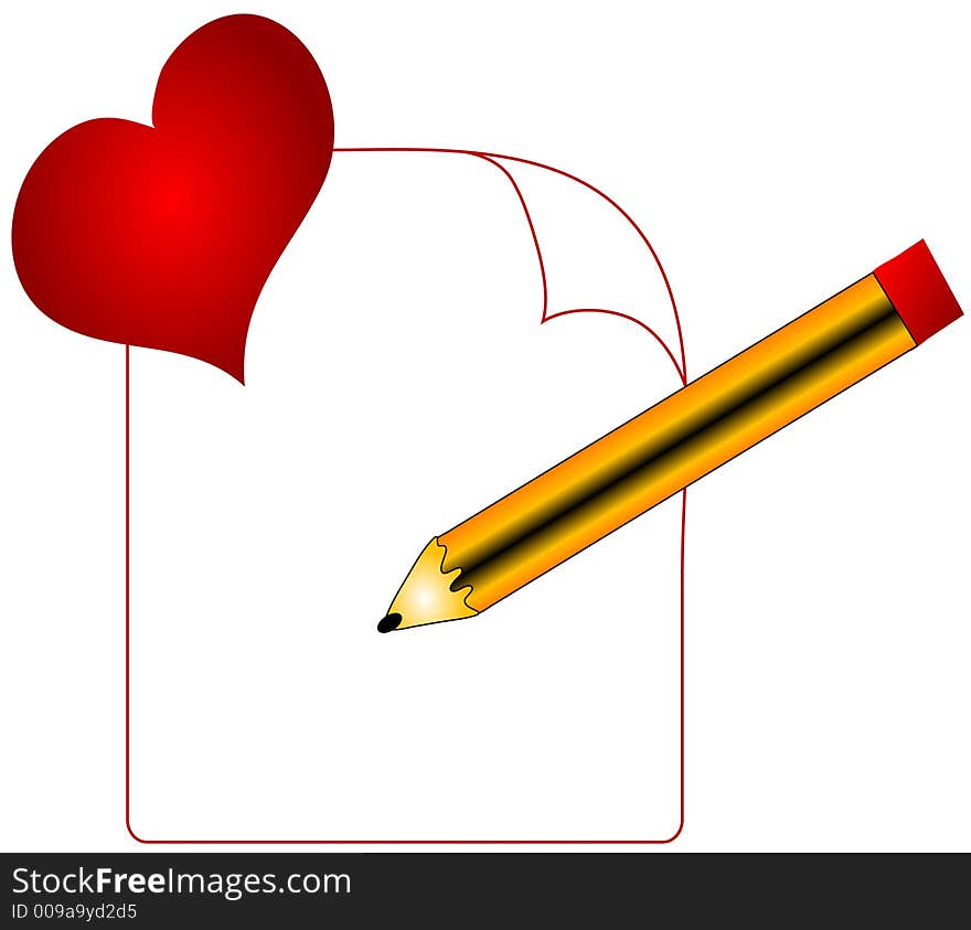 Blank love letter with a heart and pencil, graphic.