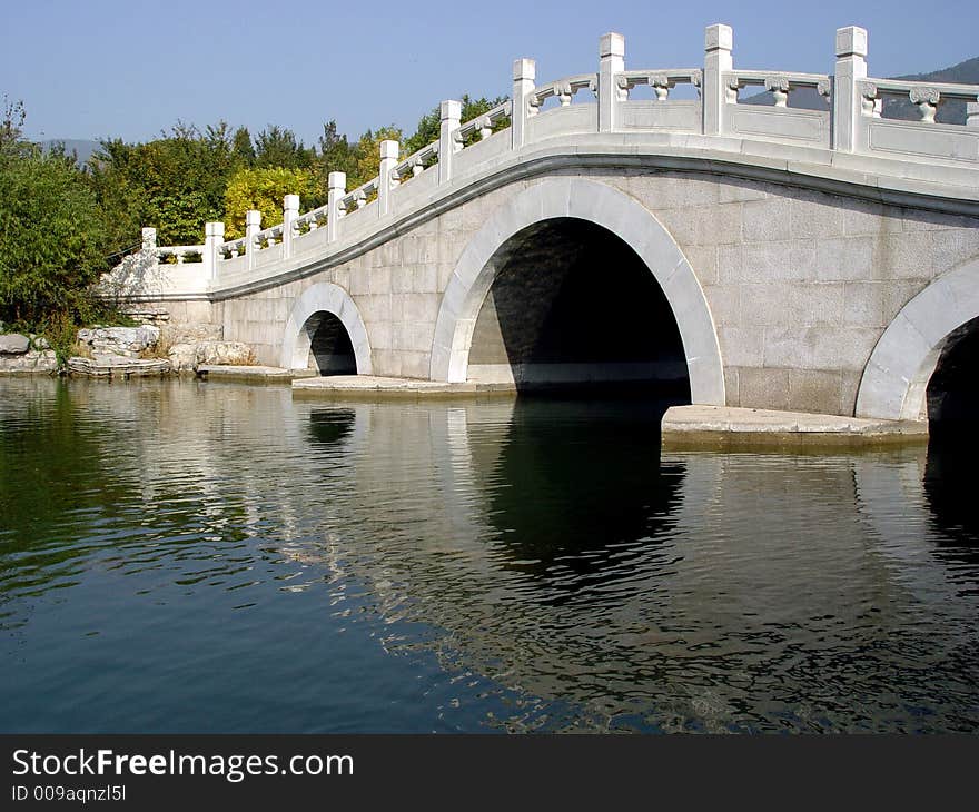 Stone arch bridge in an Asian style garden