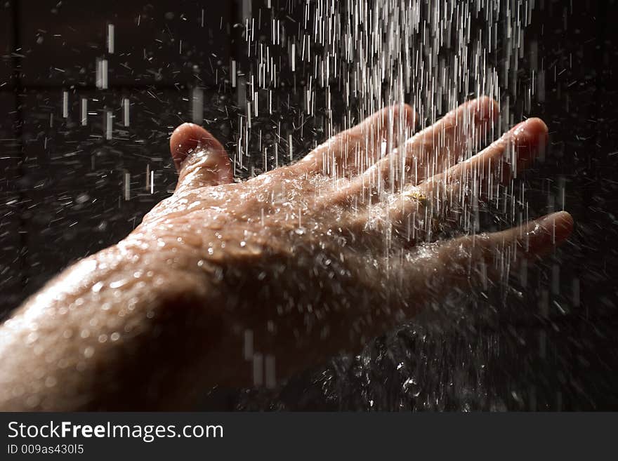 A woman's hand under the shower waterflow. A woman's hand under the shower waterflow.