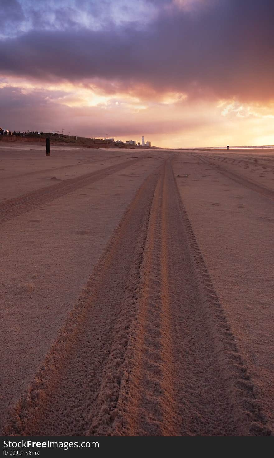 Tire tracks on the beach at night