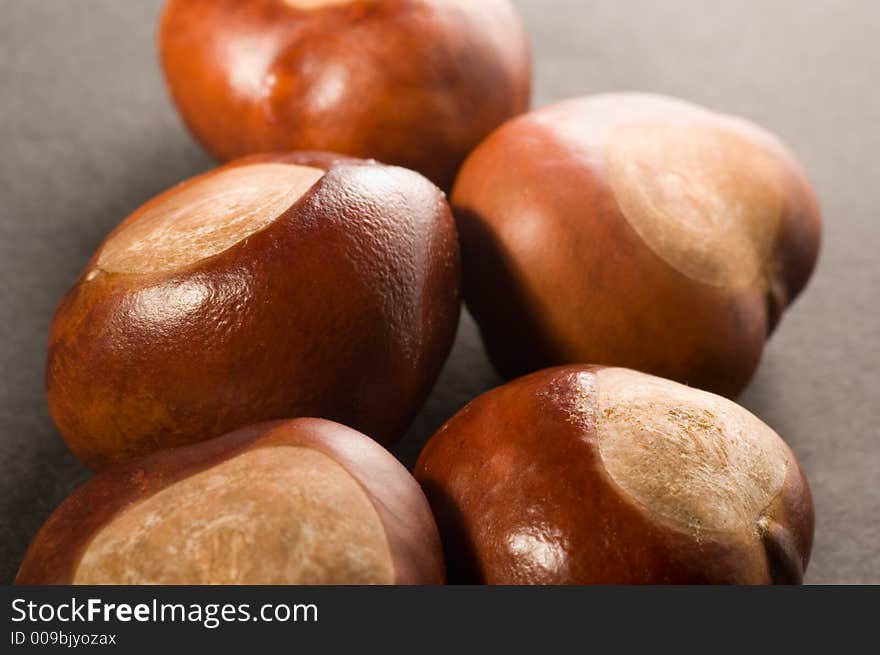 Close up of conkers and chestnuts