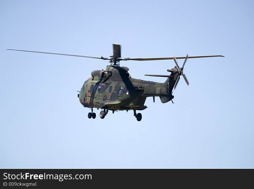 Military helicopter Eurocopter in flight.