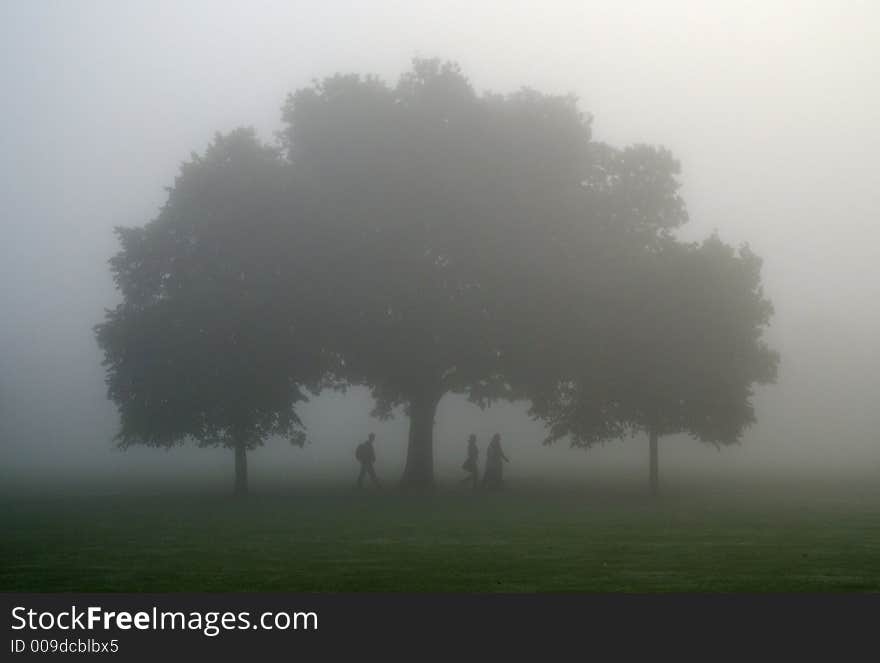 Students on their way to lectures one misty morning