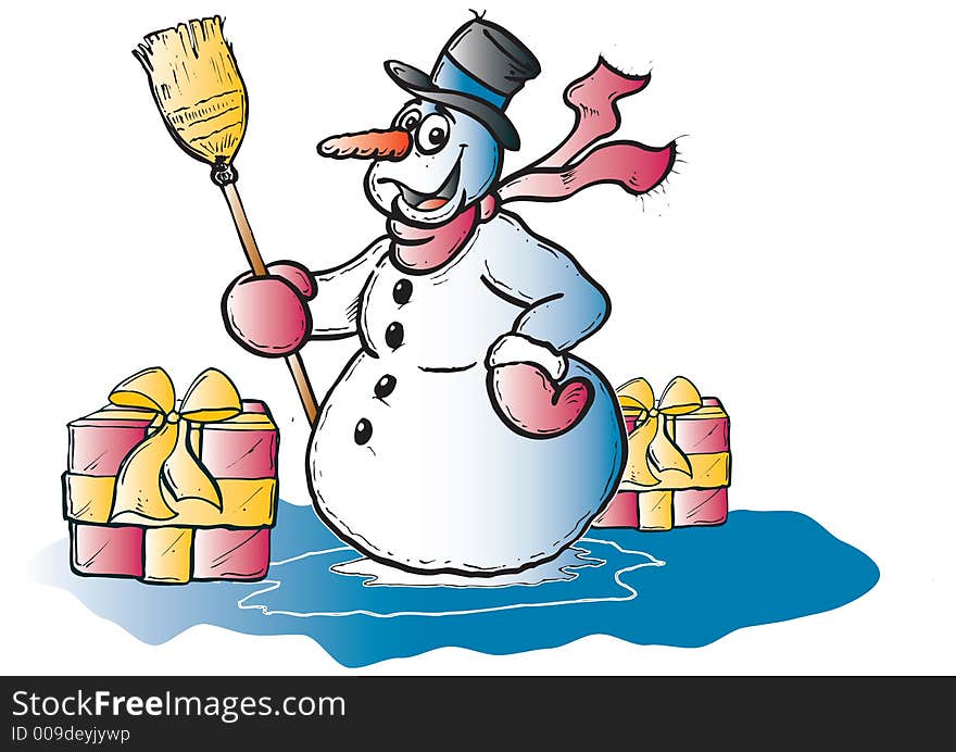 Snowman at winter with little Presents