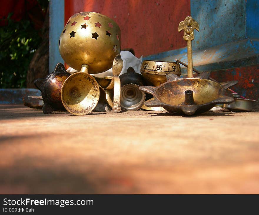 Worshiping equipments from Indian temple. Worshiping equipments from Indian temple.