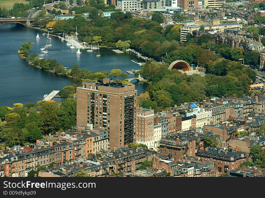 View of Charles River, estuary, bandshell and downtown boston. View of Charles River, estuary, bandshell and downtown boston