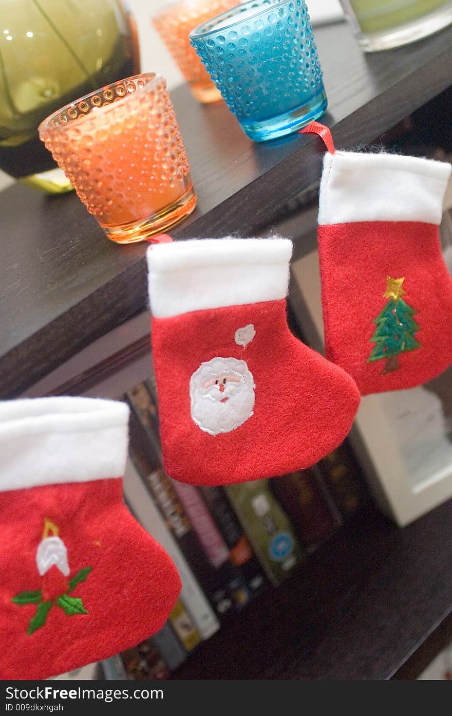 Christmas socks decoration on a shelf. Christmas socks decoration on a shelf