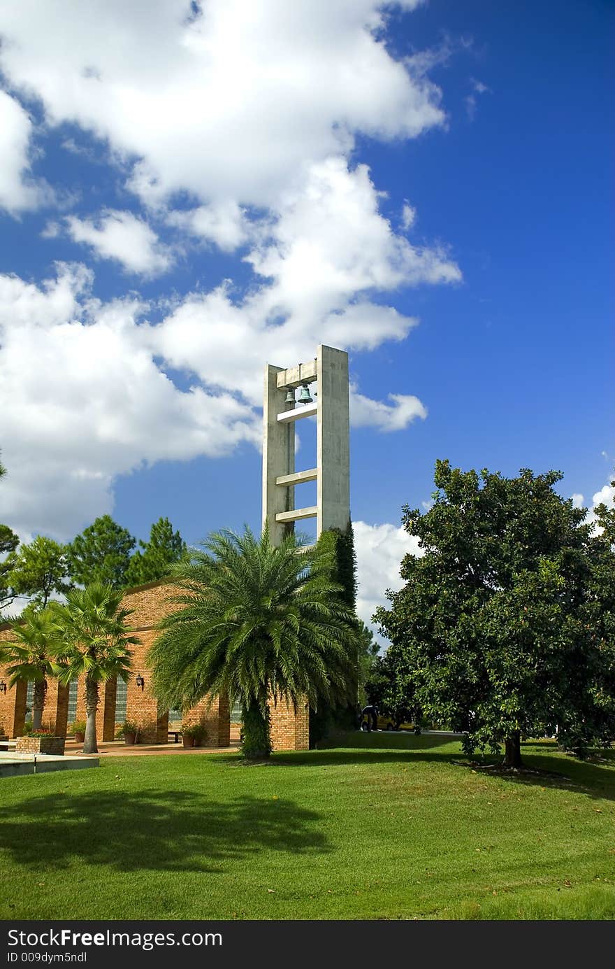 Modern Church bell tower on a beautiful sunny day