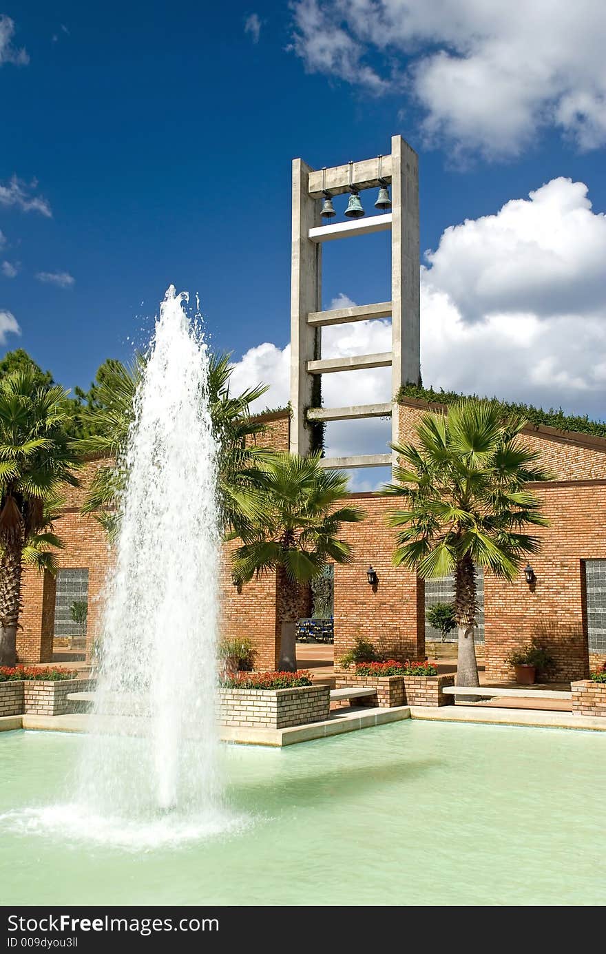 Modern Church Bell Tower and Fountain on a beautiful sunny day