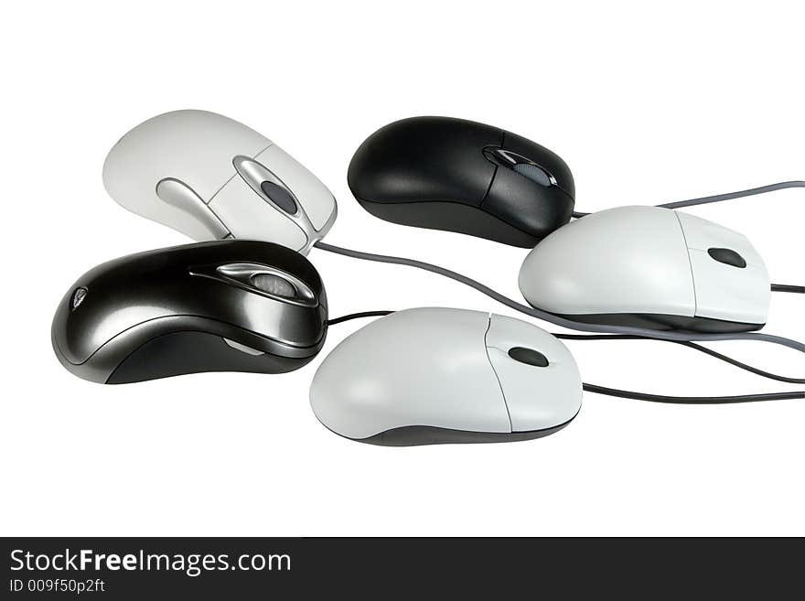 Five mouses, isolated on white, clipping path included