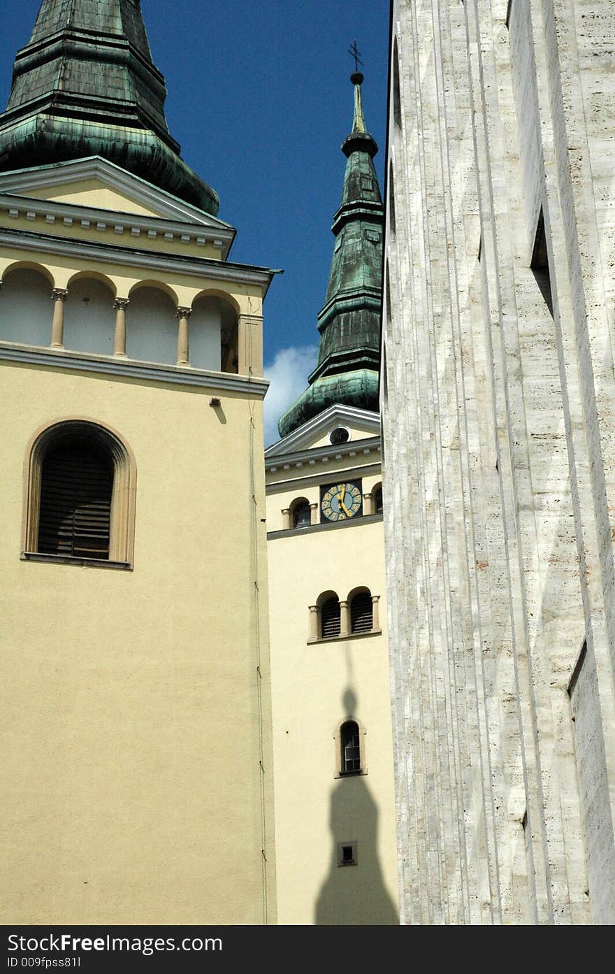 Detail of church complex in zilina, contrast between new and old architecture. Detail of church complex in zilina, contrast between new and old architecture