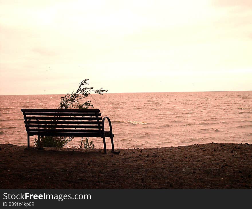 Lonely desk near the water