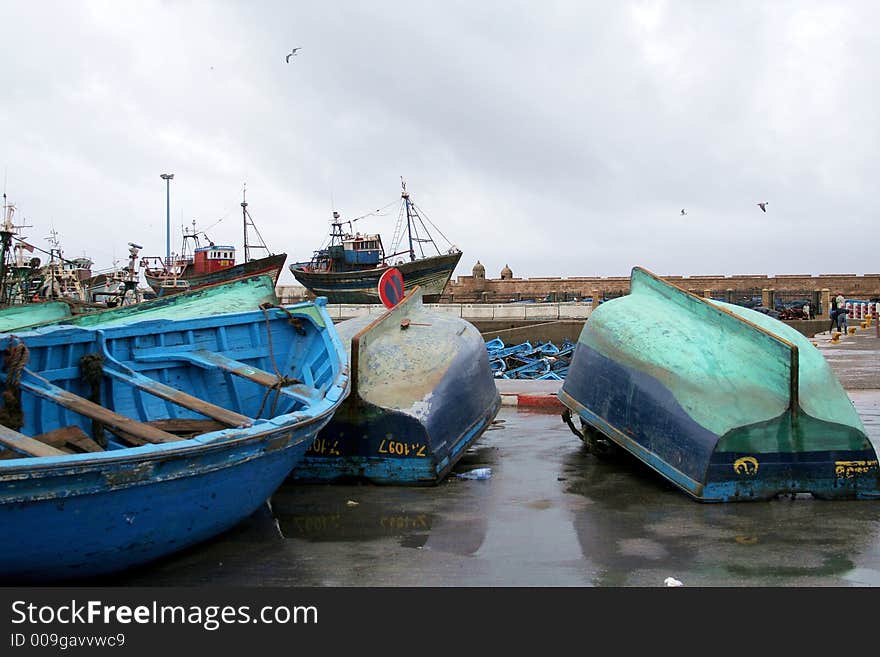 View at the fishing boats from port in Essaouira. View at the fishing boats from port in Essaouira