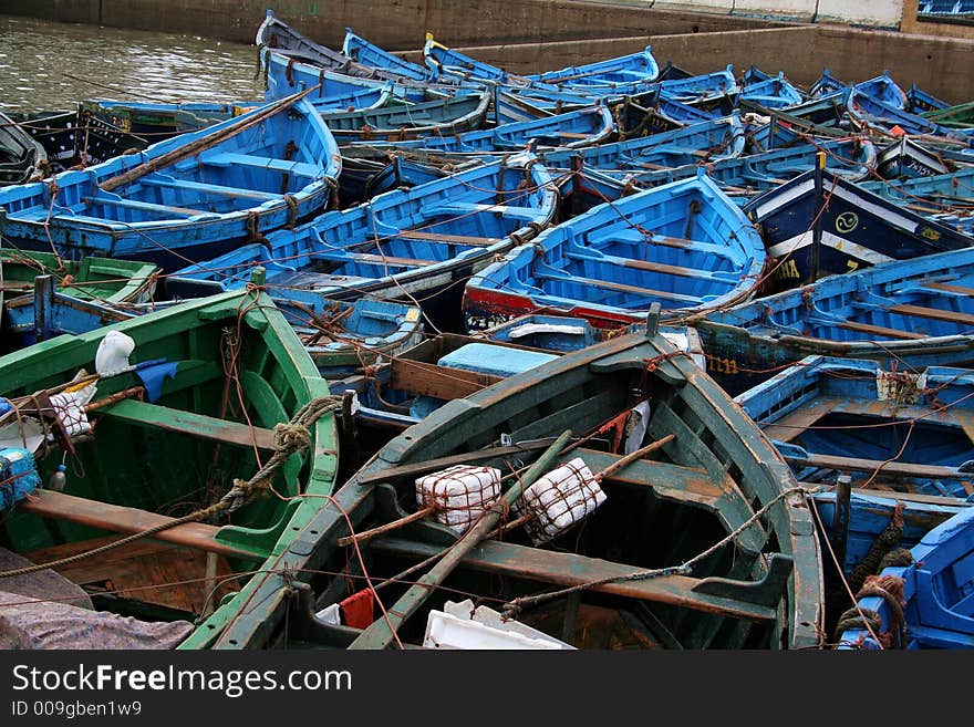 View at the fishing boats from port in Essaouira. View at the fishing boats from port in Essaouira