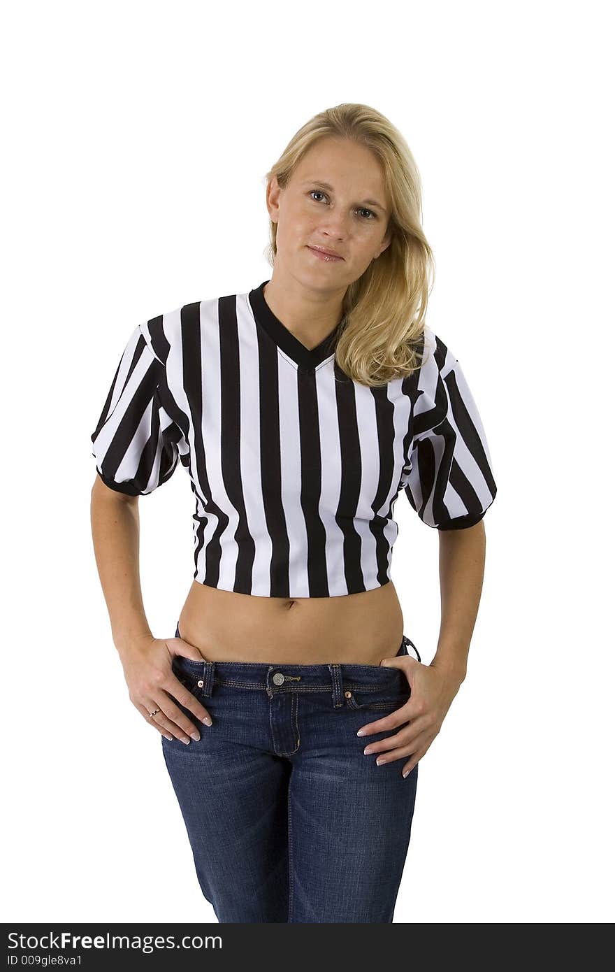 Beautiful blonde woman portrait in casual jeans and a referee shirt. Image isolated on white. Beautiful blonde woman portrait in casual jeans and a referee shirt. Image isolated on white.