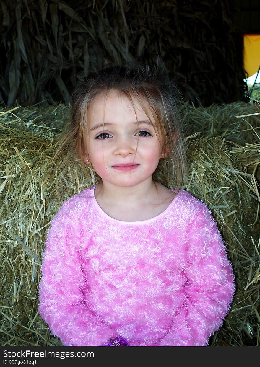 A cute little girl sitting on a bale of hay at a fall festival.  She's not so sure about the hay.  It does itch a bit. A cute little girl sitting on a bale of hay at a fall festival.  She's not so sure about the hay.  It does itch a bit.