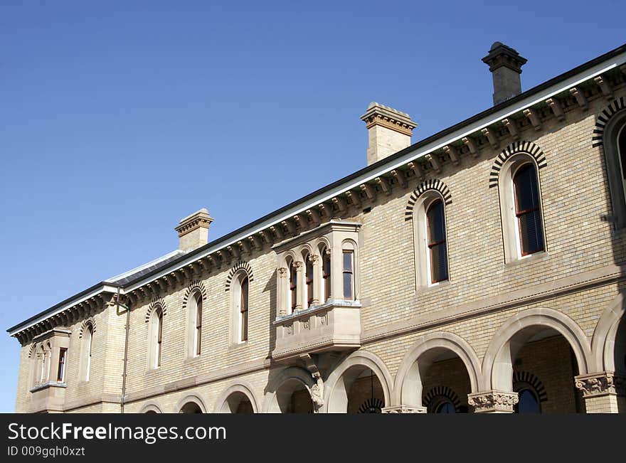 Old Brick Building, Clear Blue Sky On A Summer Day, Newcastle, Australia. Old Brick Building, Clear Blue Sky On A Summer Day, Newcastle, Australia