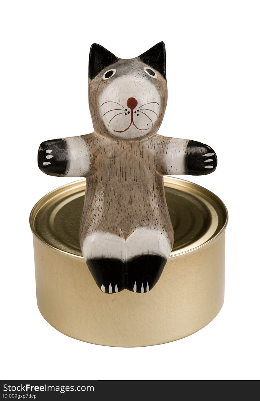 Toy cat on bank of canned food, isolated on white, clipping path included