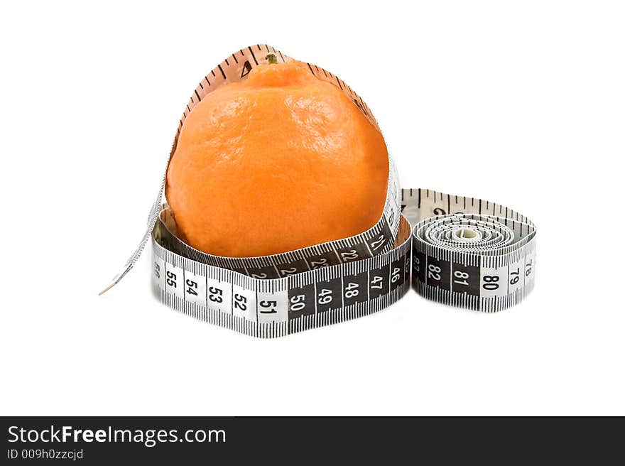 Orange naartjie with measuring tape on white background. Copy space. Orange naartjie with measuring tape on white background. Copy space.