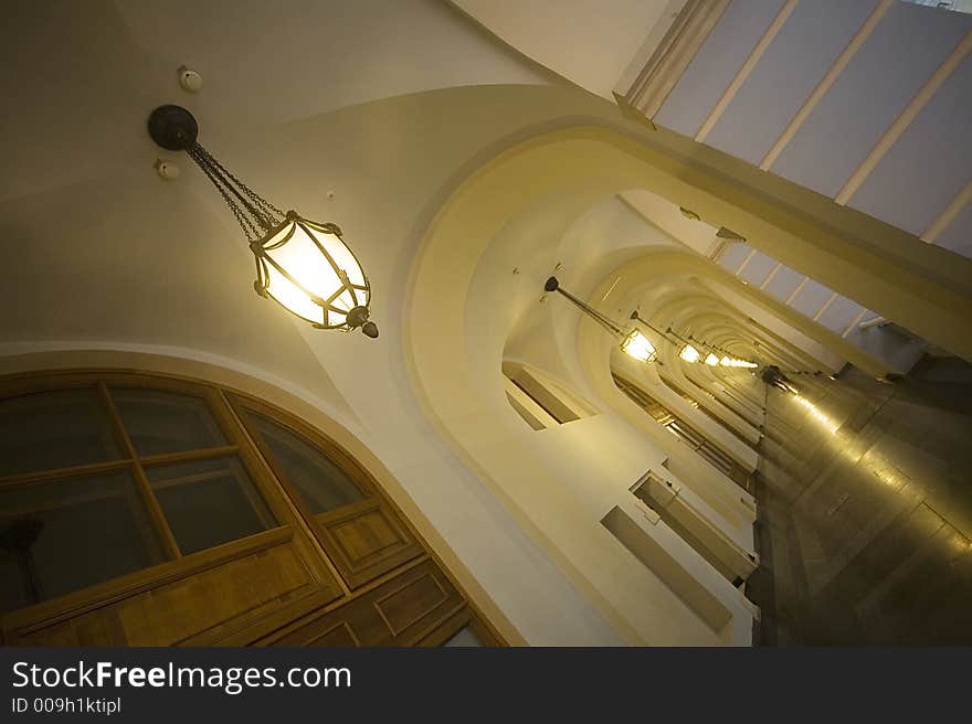 Balcony, gallery of a building constructed on canons of classical architecture. Balcony, gallery of a building constructed on canons of classical architecture