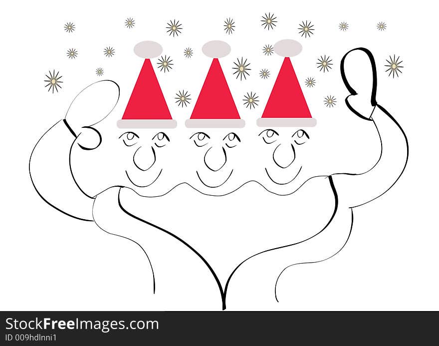 Hand drawing vector graphics. Three Santa Claus head