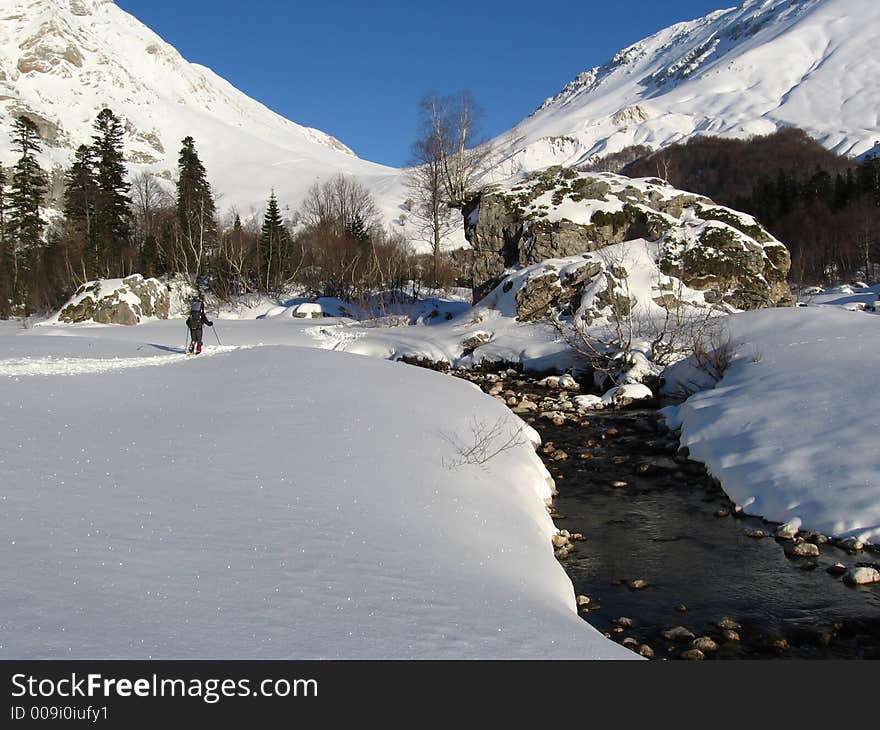 Winter hiking in Caucasus mountains