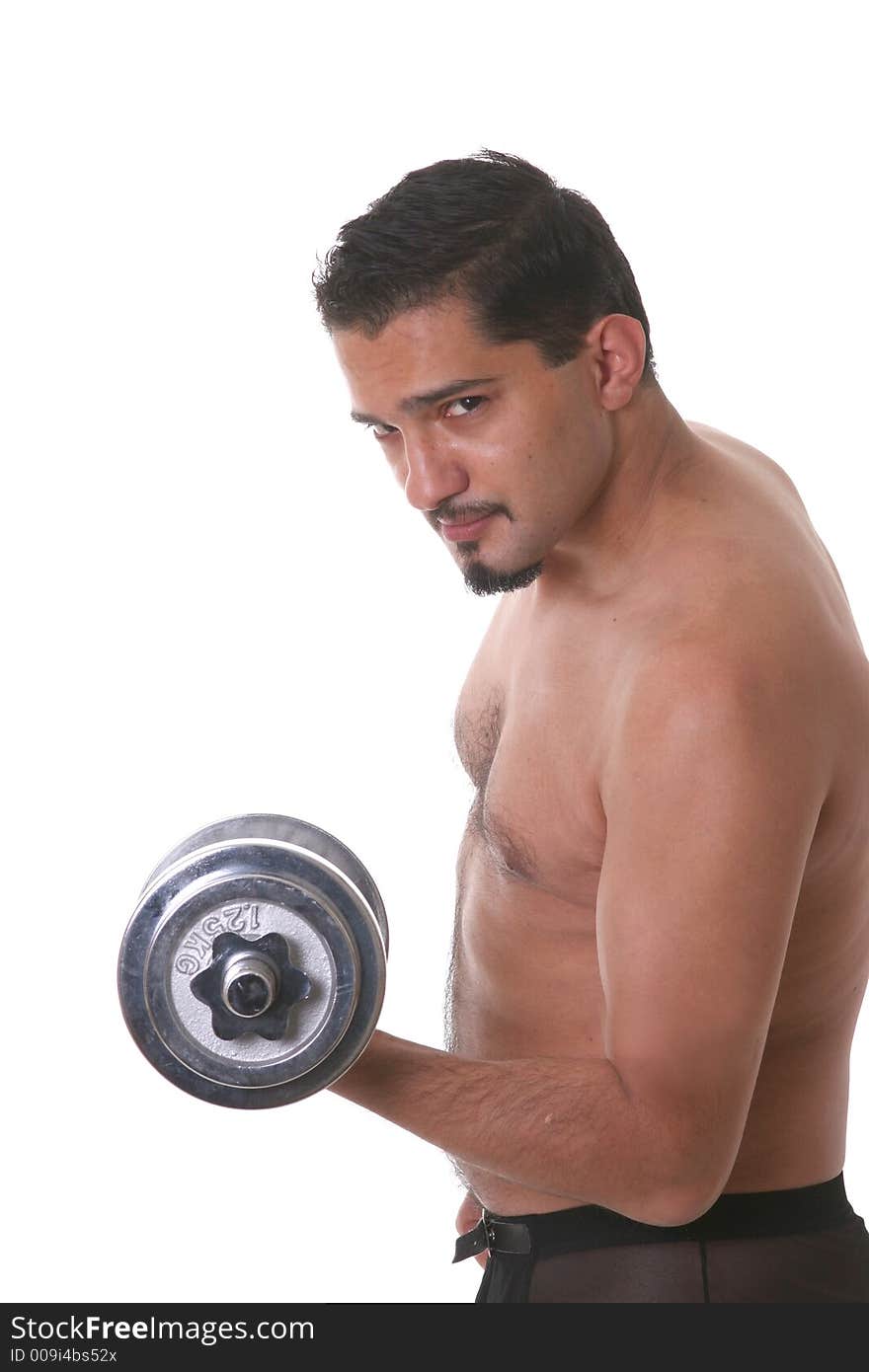 Portrait of a young man making exercises with weights. Portrait of a young man making exercises with weights