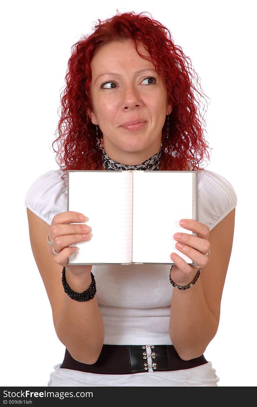 Quizzical woman and notebook with copyspace, isolated on white background. Quizzical woman and notebook with copyspace, isolated on white background.