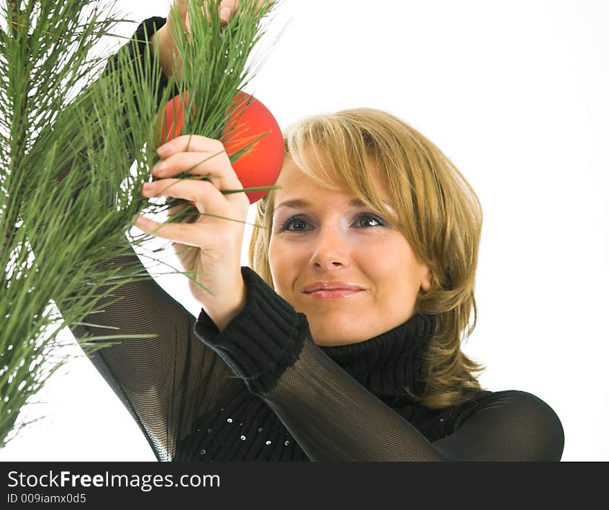 Women and christmas decorations on black. Women and christmas decorations on black