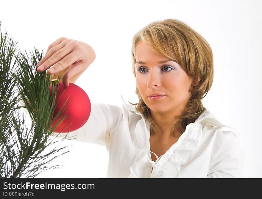 Women and christmas decorations on white. Women and christmas decorations on white