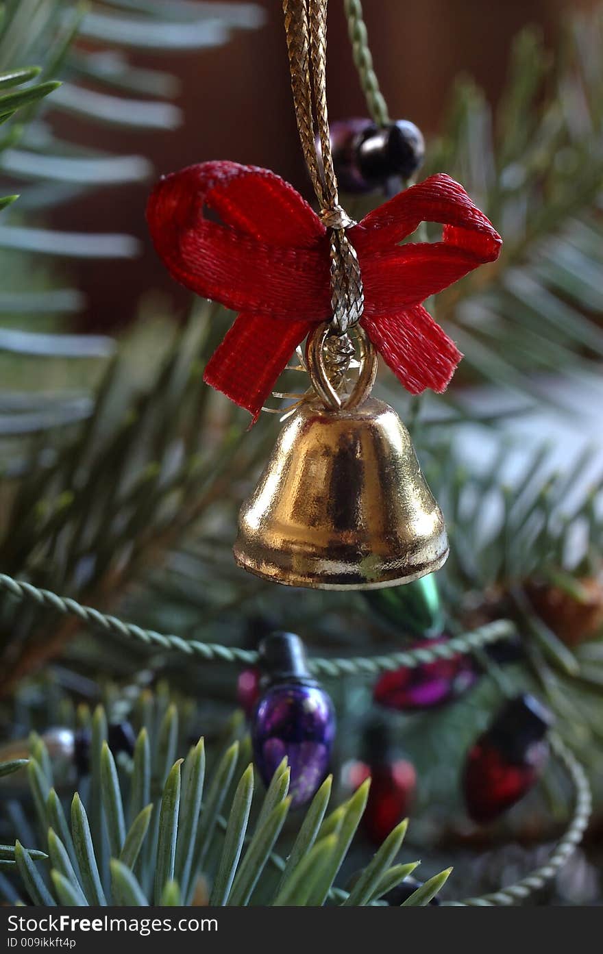 Old gold bell on christmas tree twig