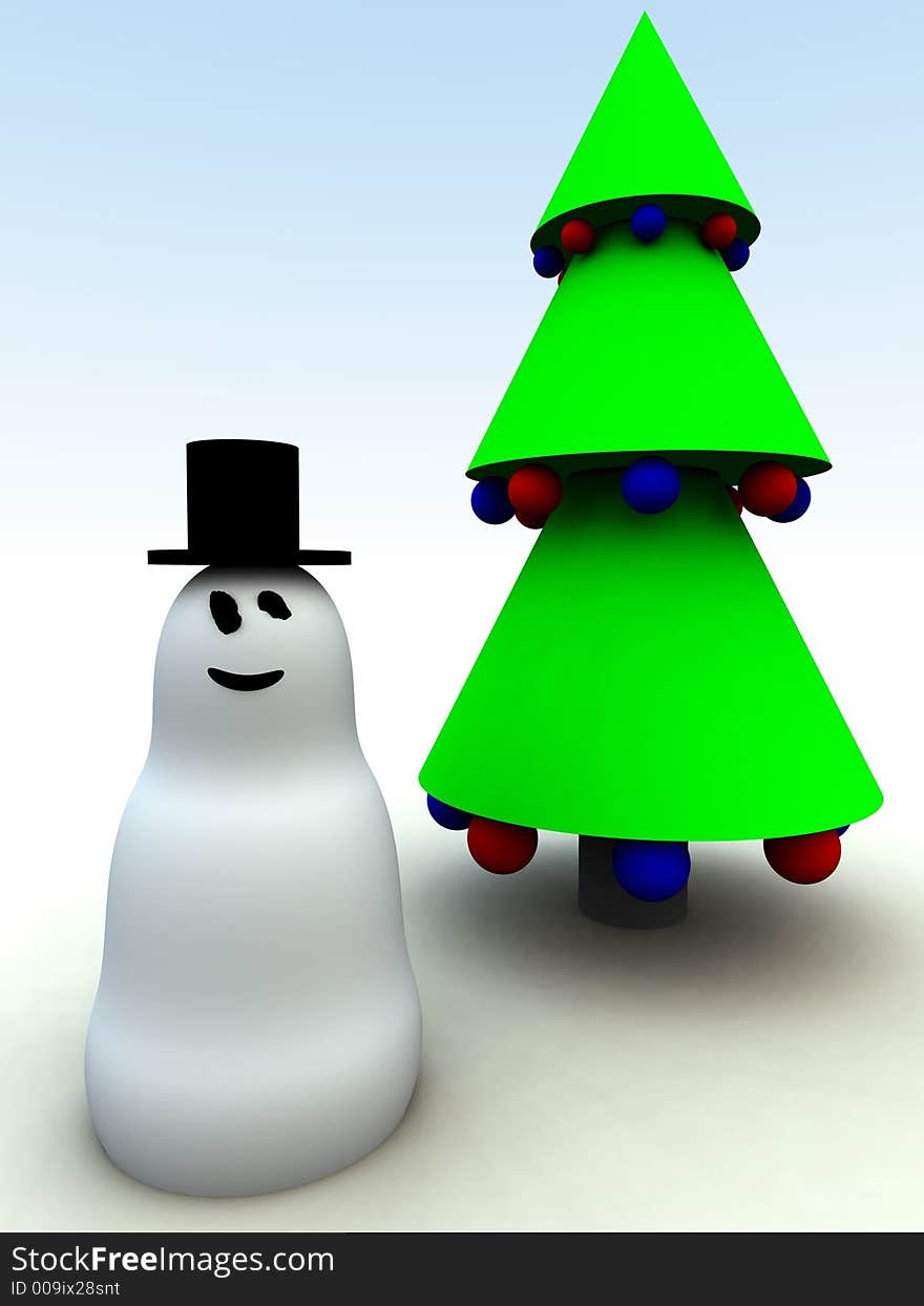 A computer created Christmas scene of a snowman and Christmas tree. A computer created Christmas scene of a snowman and Christmas tree.