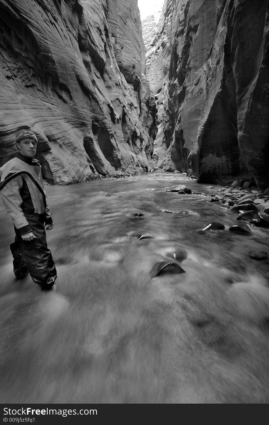 A dark hallway in zion canyon with the virgin river and me. A dark hallway in zion canyon with the virgin river and me
