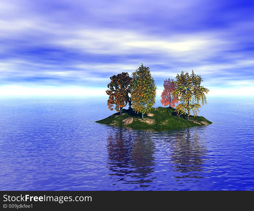 Small  island  with  autumn trees - 3d illustration. Small  island  with  autumn trees - 3d illustration