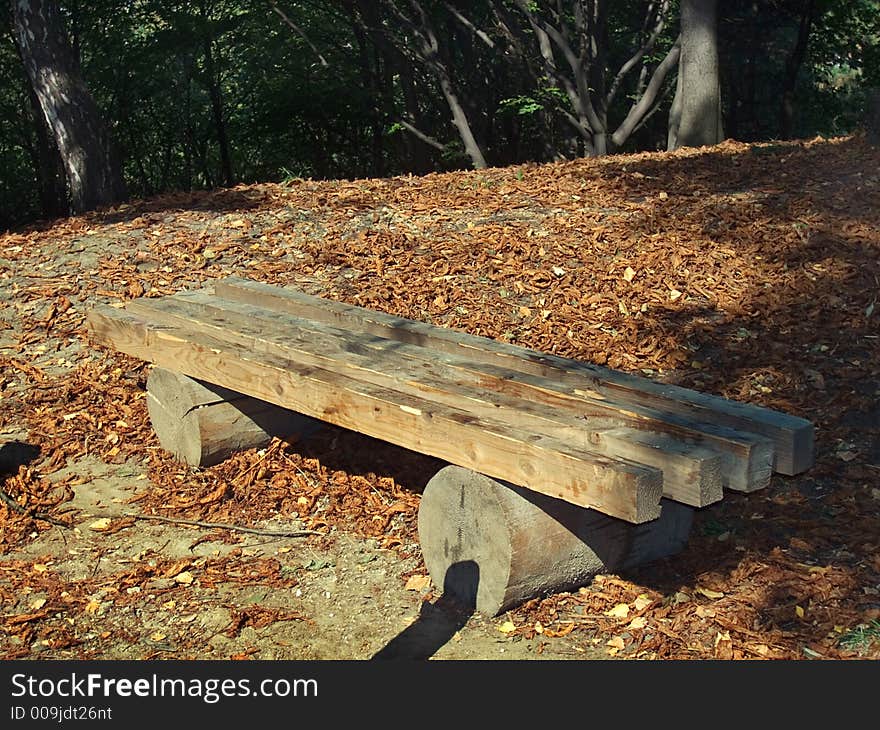 Wood bench on sun illuminate glade in the obscure autumn park