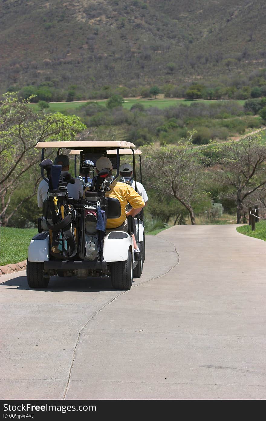 Golfers driving off in golf cart after teeing off