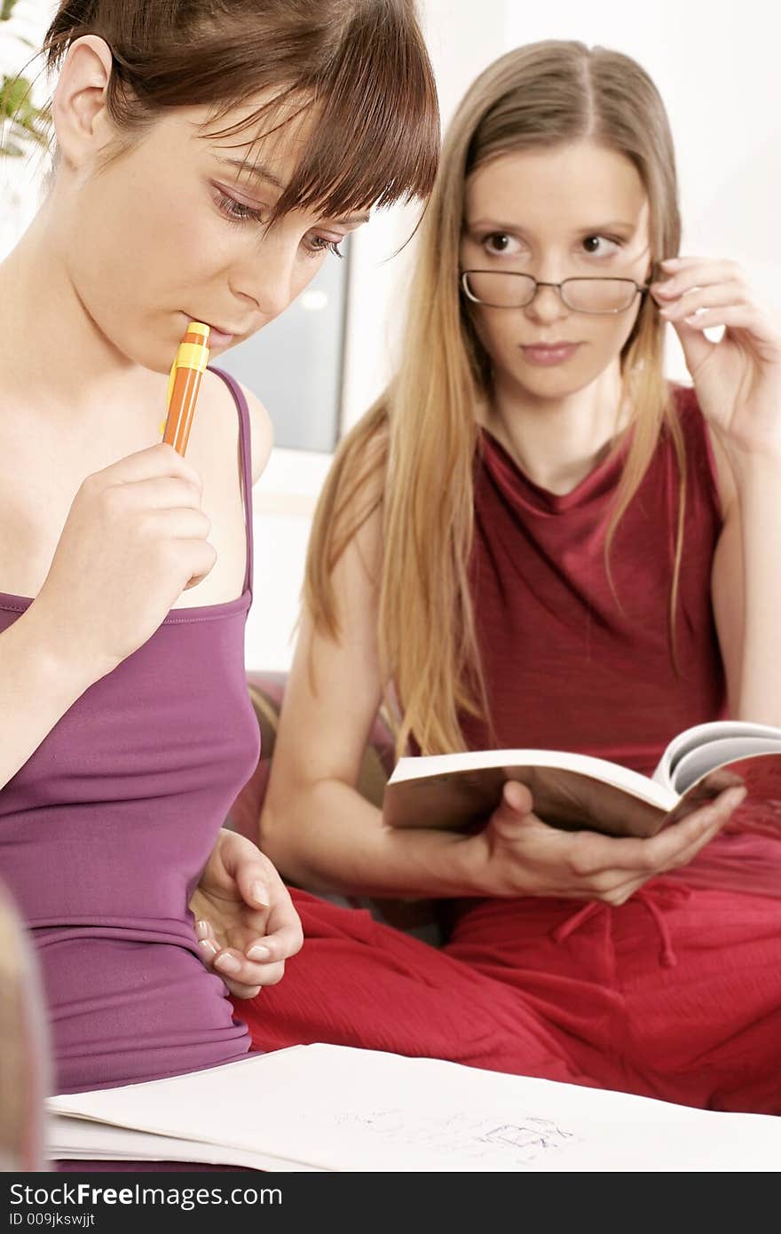 Two girl friends, young women sitting on a sofa and studying. Two girl friends, young women sitting on a sofa and studying