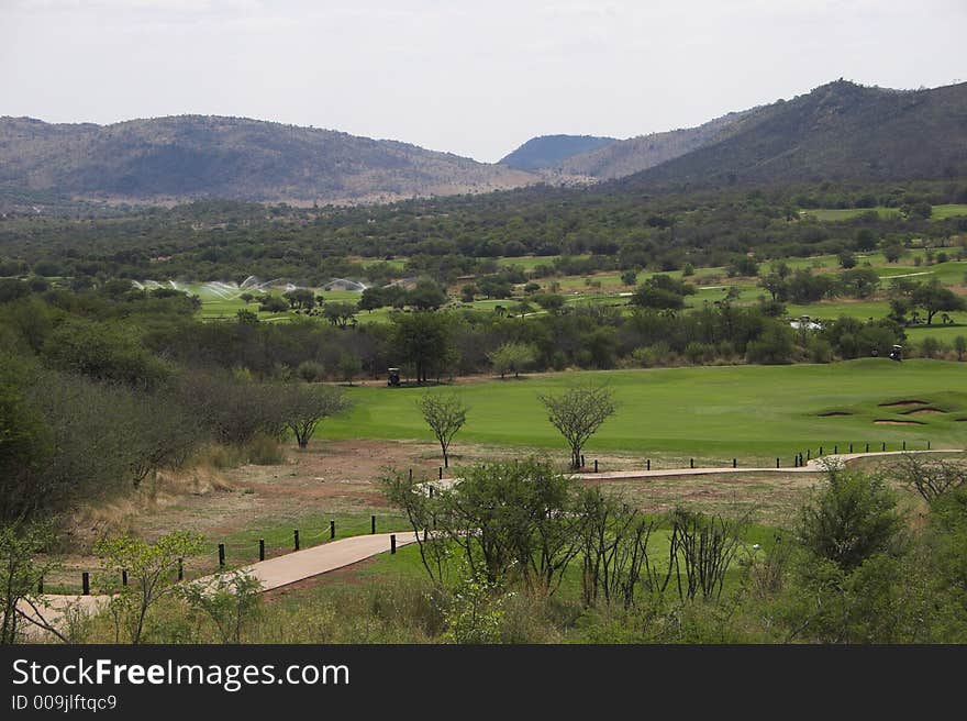 Looking down the hill at a dificult drive of the tee on this dogleg par 5