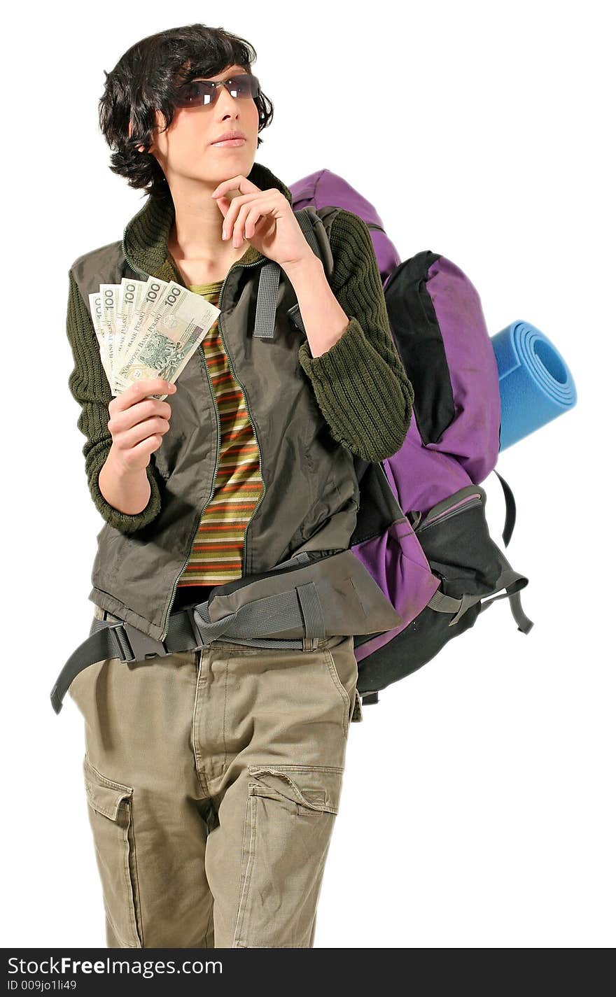 Girl, young woman with a backpack planning a trip-on white