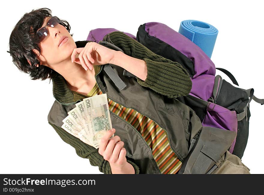 Girl, young woman with a backpack planning a trip-on white