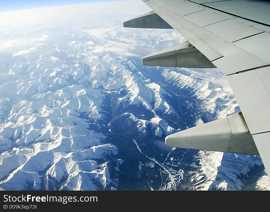 Aerial view of the Rocky mountains from a commercial aircraft.