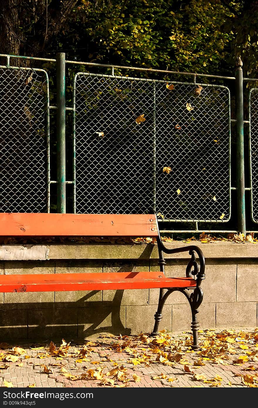 Orange bench near park fence in autumn sun