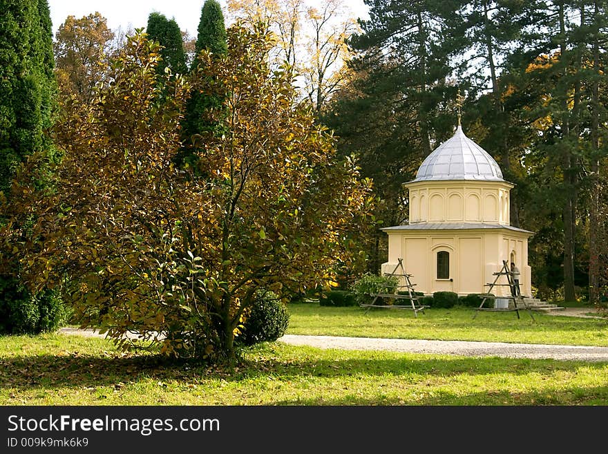 Small religious construction in Curtea de Arges Monastery park - Romania. An imppresive relgious monument finished in 7 january 1517 by Neagoe Basarab