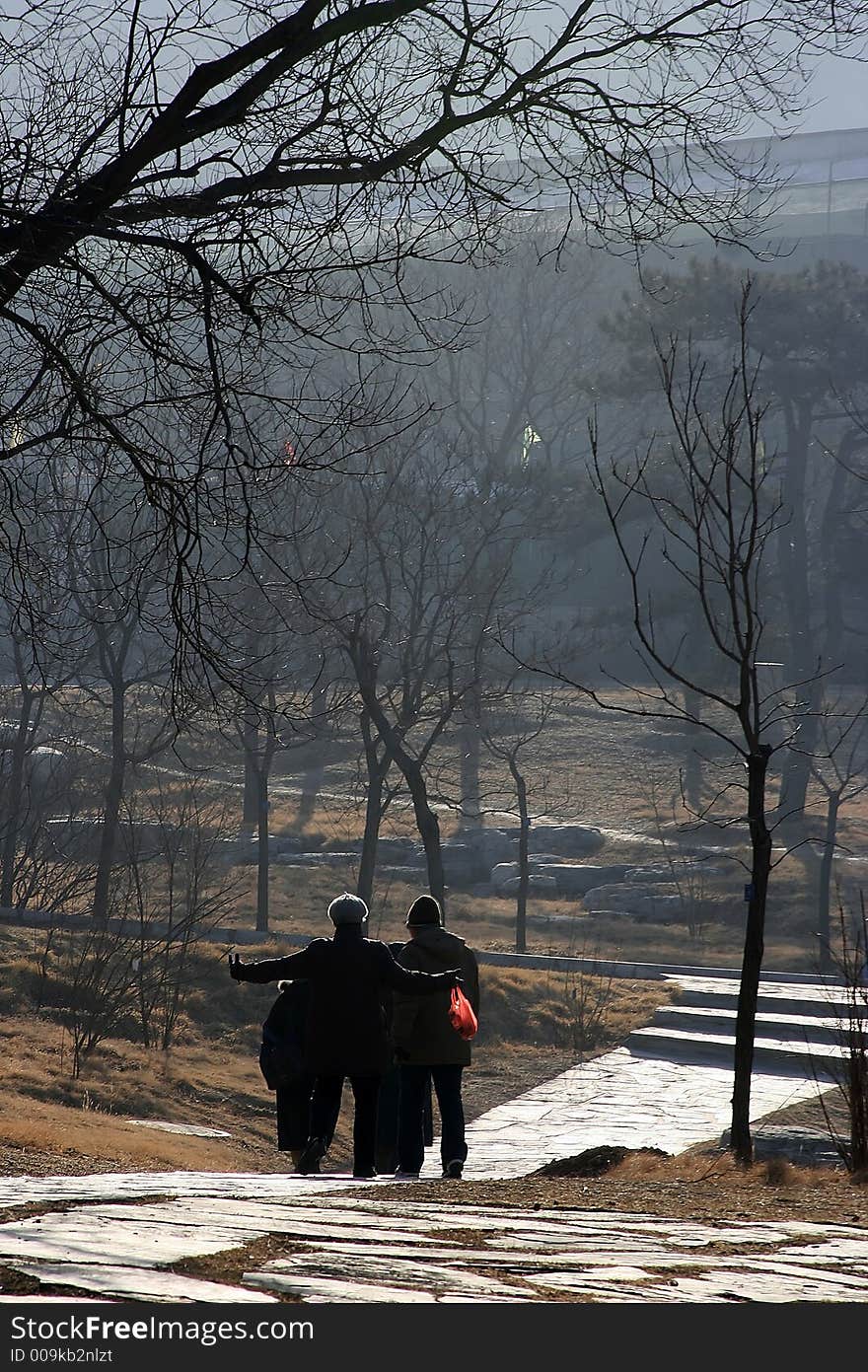 People walking at Beijing botanical garden during the winter season.