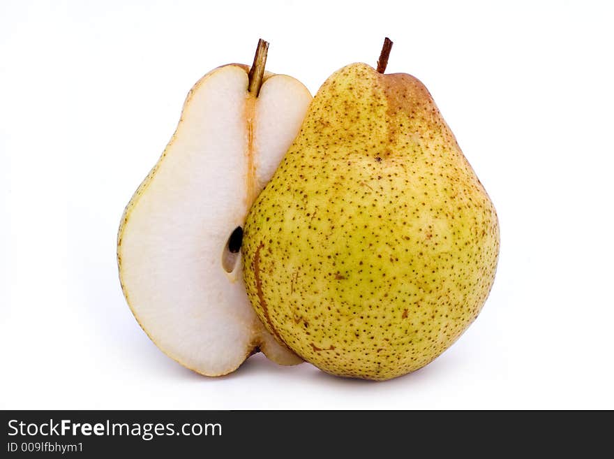 Pear infront of white background .