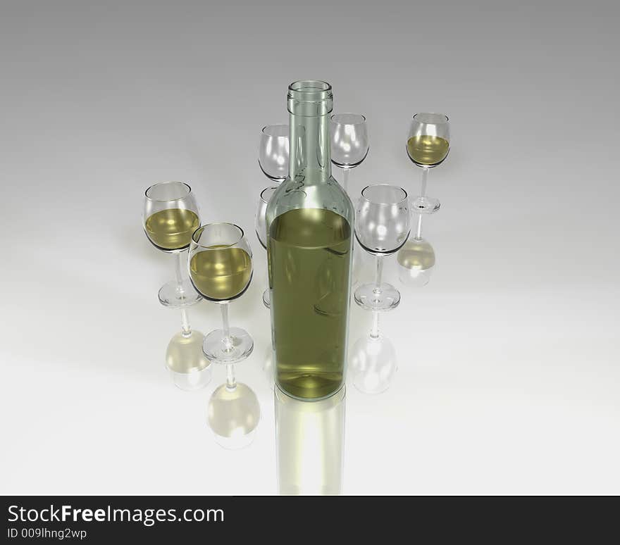 White wine bottle with glasses rendered on semi reflective surface. White wine bottle with glasses rendered on semi reflective surface