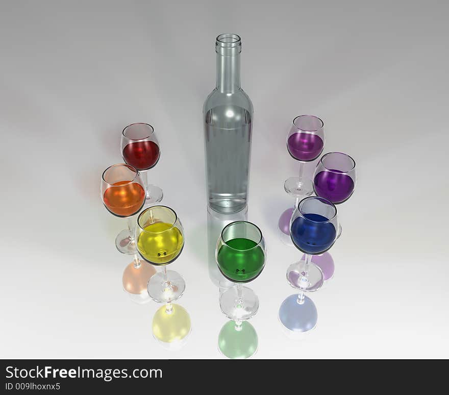 A bottle with liquids of different colours on a semi reflective surface. A bottle with liquids of different colours on a semi reflective surface