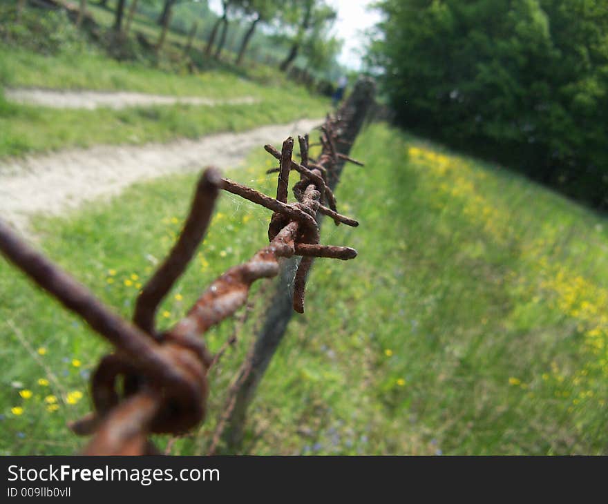 An image of a barb wire in a bosnian field. On the left a part of a countryside road is visible. The wire enters the photo on the lower left corner and disappears somewhere in the middle of the photo. An image of a barb wire in a bosnian field. On the left a part of a countryside road is visible. The wire enters the photo on the lower left corner and disappears somewhere in the middle of the photo.